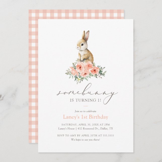 Some Bunny Pink Floral Girl Birthday Party Invitation (Front/Back)