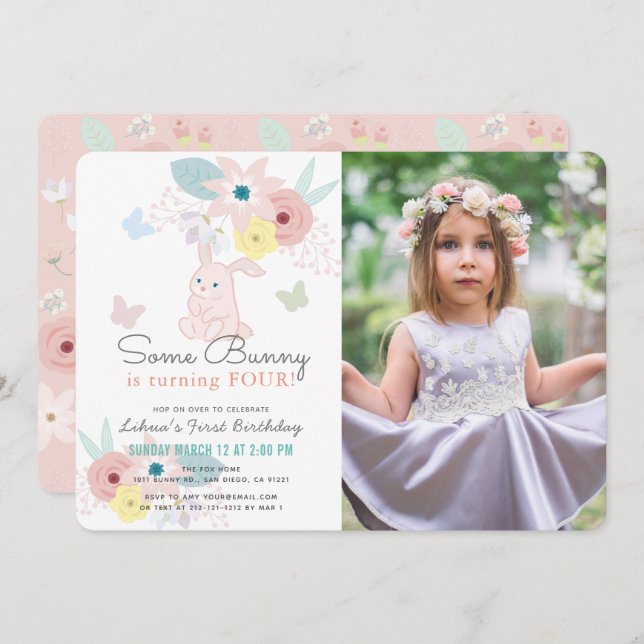 Some Bunny Pink Floral Girl Photo Birthday Invitation (Front/Back)