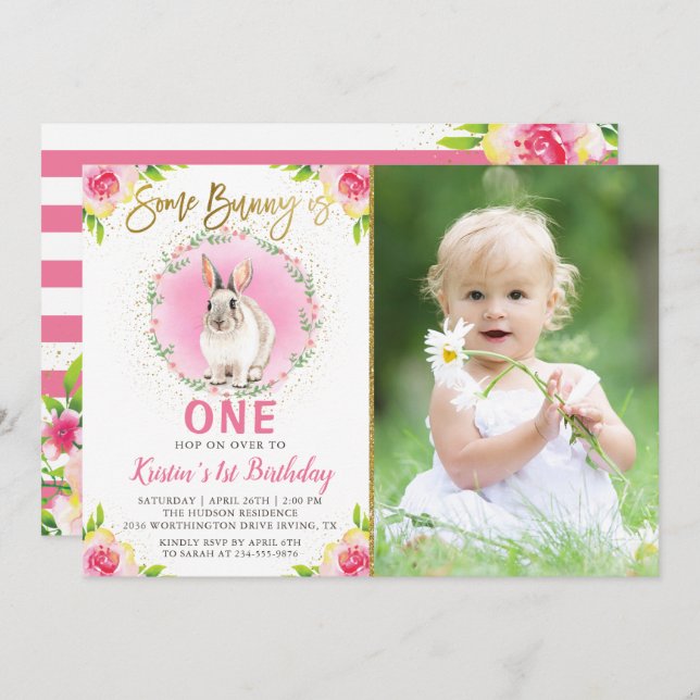 Some Bunny Pink Floral Gold Glitter Birthday Photo Invitation (Front/Back)