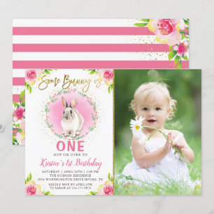 Some Bunny Pink Floral Gold Glitter Birthday Photo Invitation