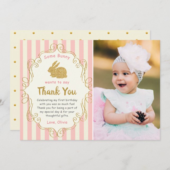 Some Bunny Pink & Gold Birthday Photo Thank You (Front/Back)