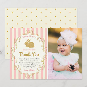 Some Bunny Pink & Gold Birthday Photo Thank You Card