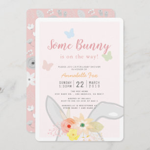 Some Bunny Pink Grey Floral Butterfly Baby Shower Invitation