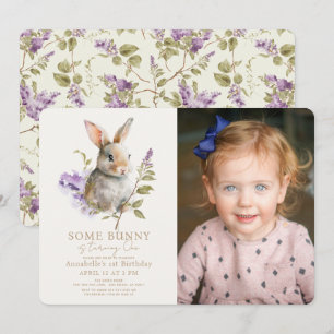 Some Bunny Purple Lilac Floral Photo 1st Birthday Invitation