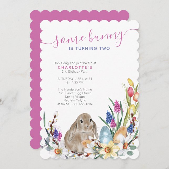 Some Bunny Spring Flowers and Cute Rabbit Birthday Invitation (Front/Back)