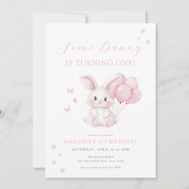 Some Bunny Spring Girl Pink Bunny First Birthday Invitation (Front)