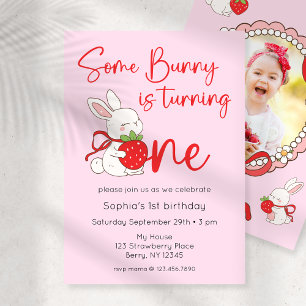 Some Bunny Strawberry 1st Birthday Photo Invitation