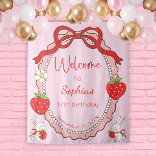 Some Bunny Strawberry Pink Frame Birthday Backdrop Tapestry