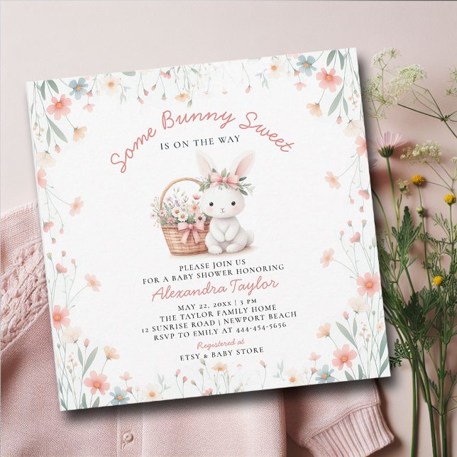 Some Bunny Sweet Wildflowers Pink Bow Baby Shower Invitation (some bunny sweet baby girl shower invitation springtime picnic Easter basket wildflowers pink bow )