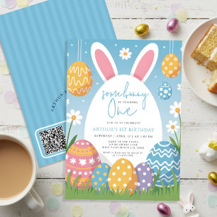 Some Bunny Turning One Easter 1st Birthday QR code Invitation