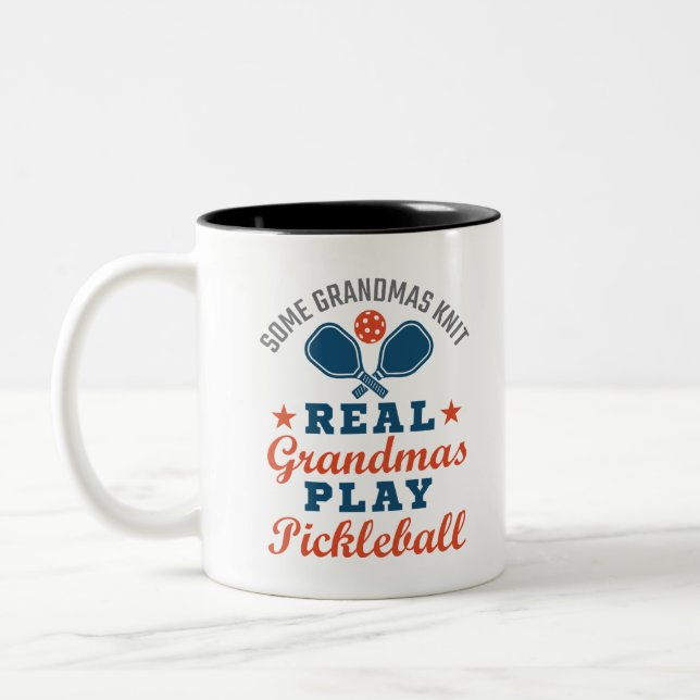 Some Grandmas Knit Real Grandmas Play Pickleball Two-Tone Coffee Mug (Left)