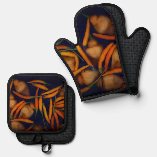 Some Like It Hot Orange Pepper Oven Mitt & Pot Holder Set (Front/Back)