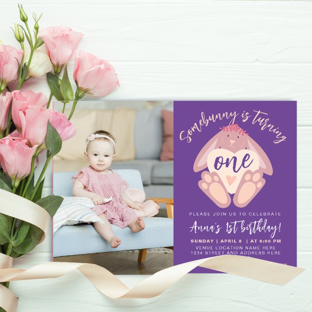 Somebunny Birthday Cute Bunny Heart Purple Photo Invitation (Creator Uploaded)