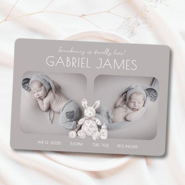 Somebunny Is Here Birth Announcement Card (Elegant toile de jouy birth announcement featuring a bunny and newborn photos.)