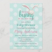 Somebunny is on the way, bunny on mint polca dots