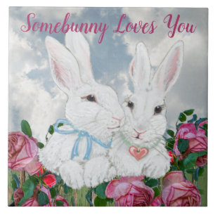 Somebunny Loves You Bunny Rabbits Rose Valentine Ceramic Tile