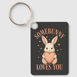Somebunny Loves You Cute Bunny on Dark Charcoal Key Ring