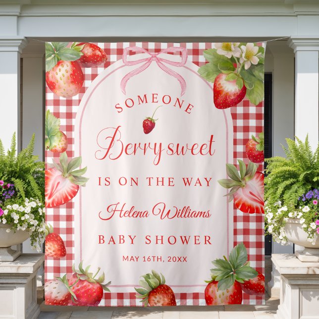 Someone Berry Sweet Is On The Way Baby Shower Tapestry (Red Gingham Someone Berry Sweet is on the way Baby Shower Backdrop)