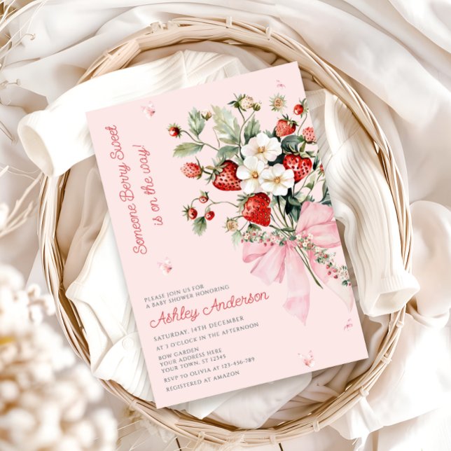 Someone Berry Sweet Modern Pink Bow Baby Shower Invitation (Creator Uploaded)