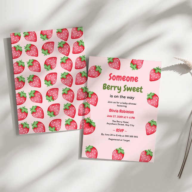 Someone Berry Sweet Pink Strawberry Baby Shower Invitation (Someone Berry Sweet Strawberry Baby Shower Invitation  )
