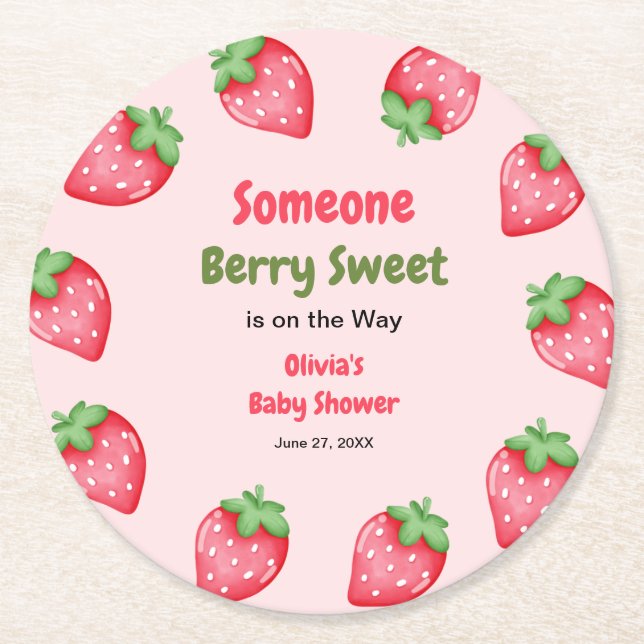 Someone Berry Sweet Pink Strawberry Baby Shower   Round Paper Coaster (Front)