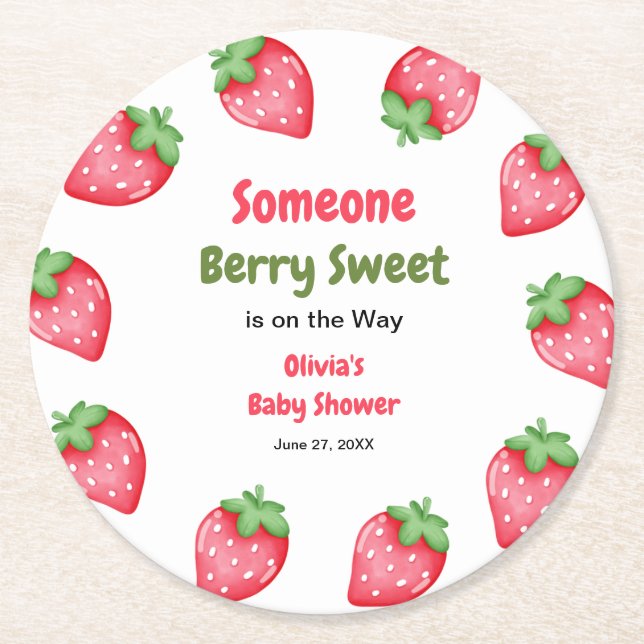Someone Berry Sweet Strawberry Baby Shower  Round Paper Coaster (Front)