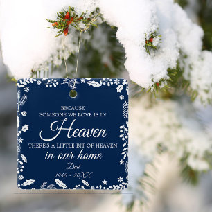 Someone In Heaven Winter Greenery Photo Navy Blue Ceramic Ornament