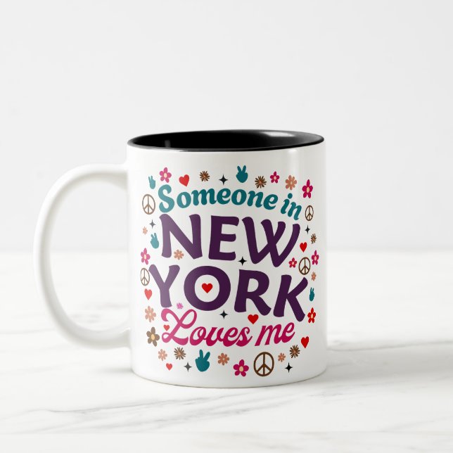 Someone in New York Loves Me Retro Funny Design Two-Tone Coffee Mug (Left)