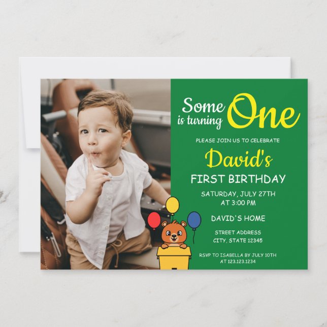 Someone is Turning One Green Photo 1st Birthday Invitation (Front)