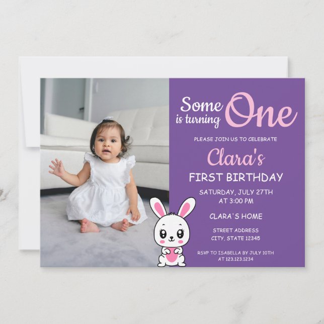 Someone is Turning One Purple Photo 1st Birthday Invitation (Front)