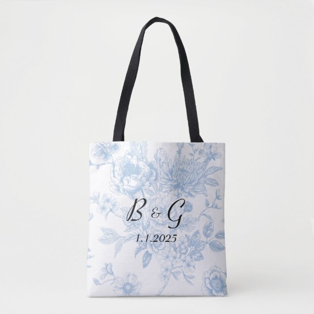 Something Blue Before I Do Blue Floral Toile Tote Bag (Front)