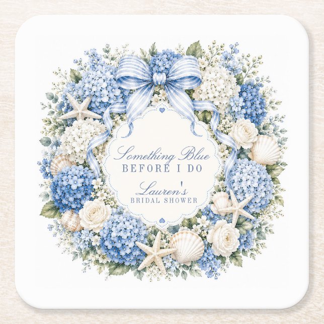 Something Blue Before I Do Hydrangea Bridal Shower Square Paper Coaster (Front)