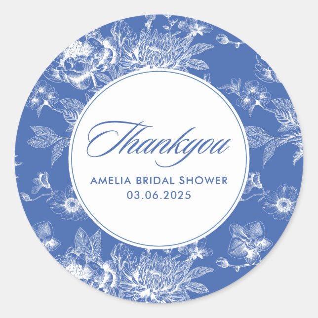 Something blue blue chinoiserie bridal shower classic round sticker (Front)