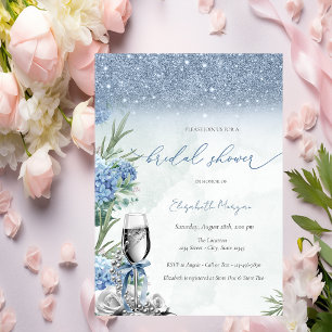 Something Blue Bow Glitter Champagne Hydrangea Invitation