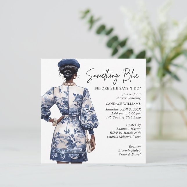 Something Blue Bridal Shower African American Invitation (Standing Front)