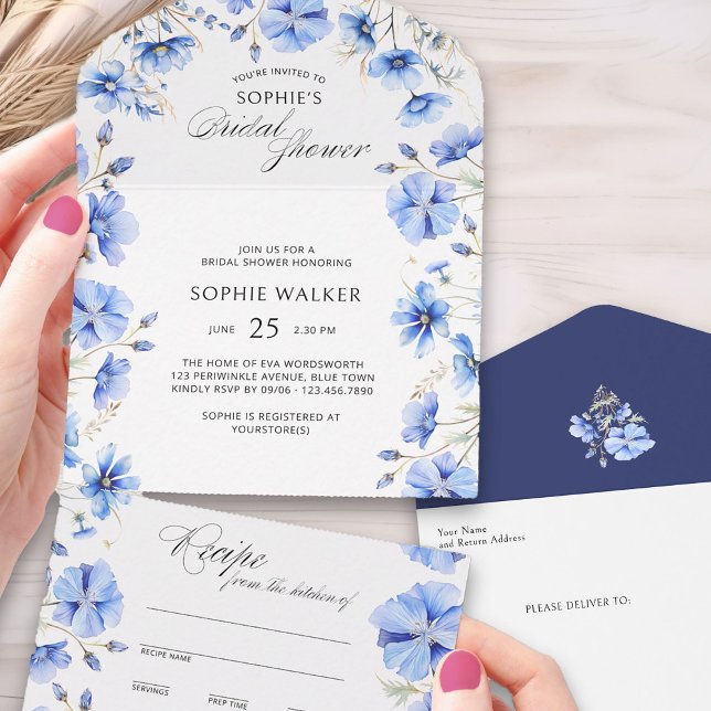 Something Blue Bridal Shower and Tear Away Recipe All In One Invitation (Trifold Invitation with detachable Recipe Card from Something Blue Floral Bridal Shower Collection)