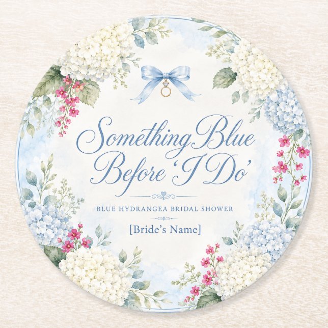 Something Blue Bridal Shower | Blue Hydrangea Round Paper Coaster (Front)
