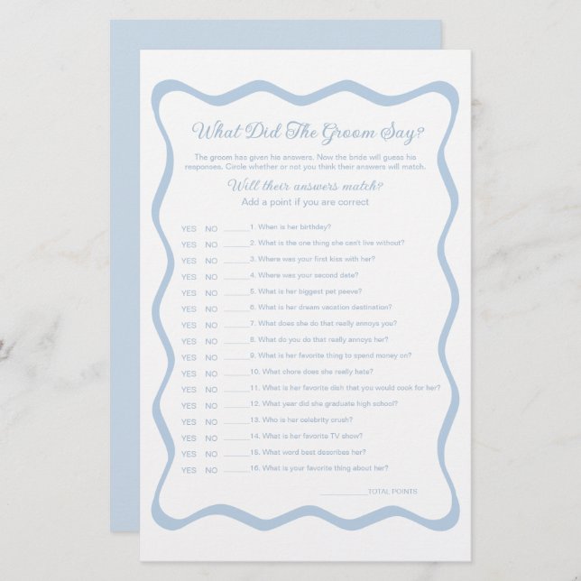 Something Blue Bridal Shower Game What Groom Say  (Front/Back)