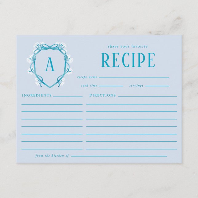 Something Blue Bridal Shower Recipe Floral Crest Enclosure Card (Front)