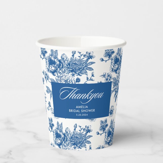 Something blue chinoiserie blue bridal shower paper cups (Left)