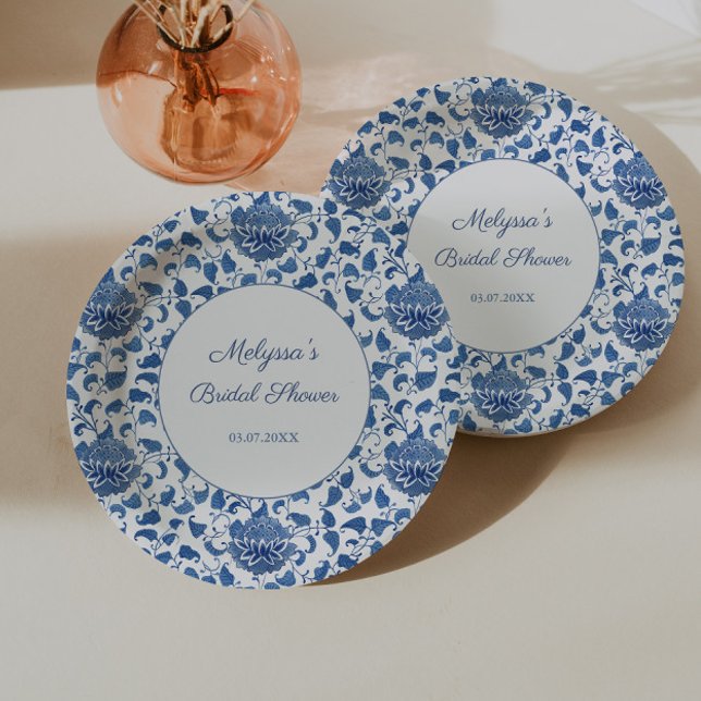 Something Blue Chinoiserie Print Wedding Shower Paper Plate (Something Blue Bridal Shower Party Chinoiserie print paper plates)