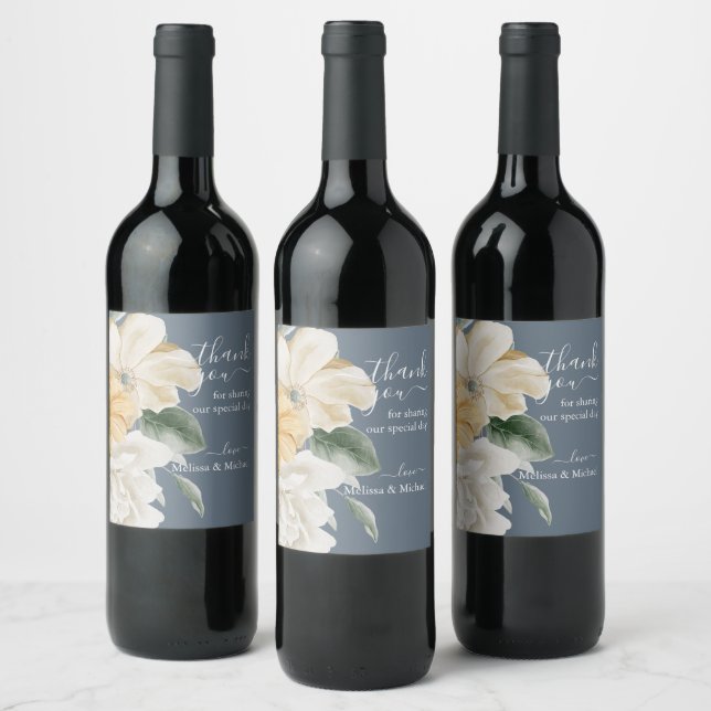 SOMETHING BLUE - Elegant Floral on Blue Wedding  Wine Label (Bottles)