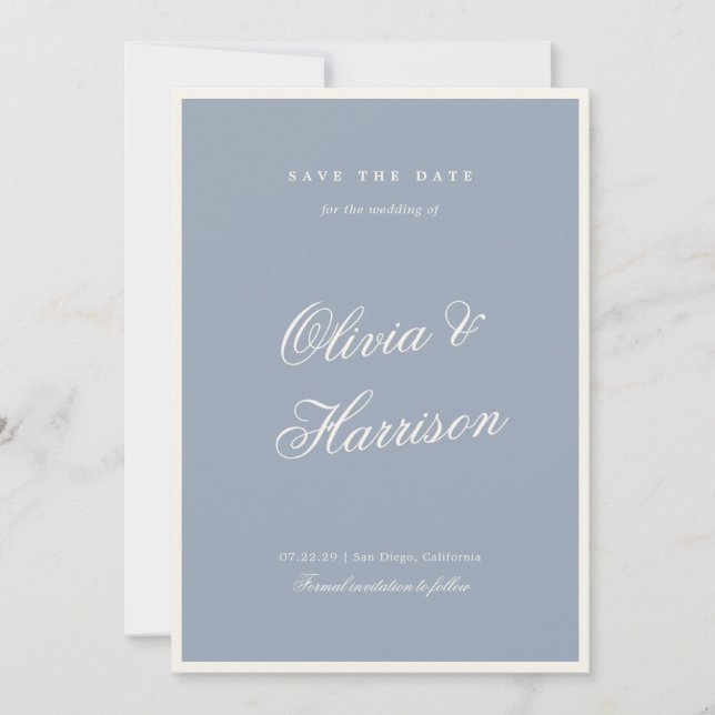 Something Blue Elegant Save the Date Card (Front)