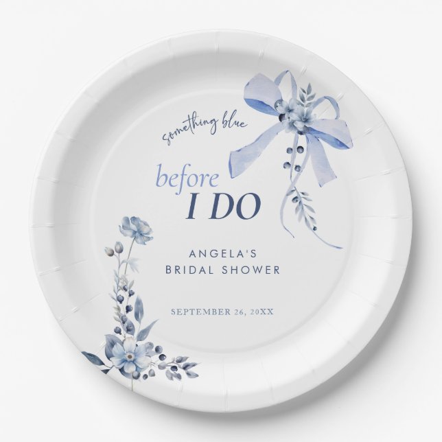 Something Blue Floral Bow Bridal Shower Paper Plate (Front)