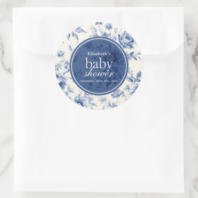Something Blue Floral French Toile Baby Shower Classic Round Sticker (Bag)