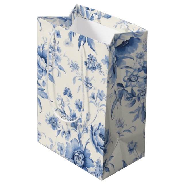 Something Blue Floral French Toile Chinoiserie Medium Gift Bag (Back Angled)