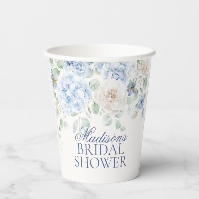 Something Blue Floral Hydrangea Bridal Shower Paper Cups (Back)