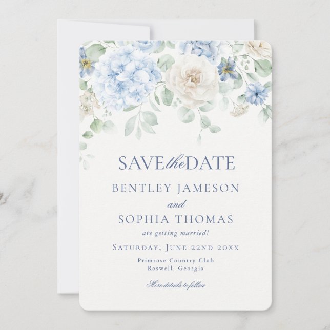 Something Blue Floral Hydrangea Save the Date Card (Front)