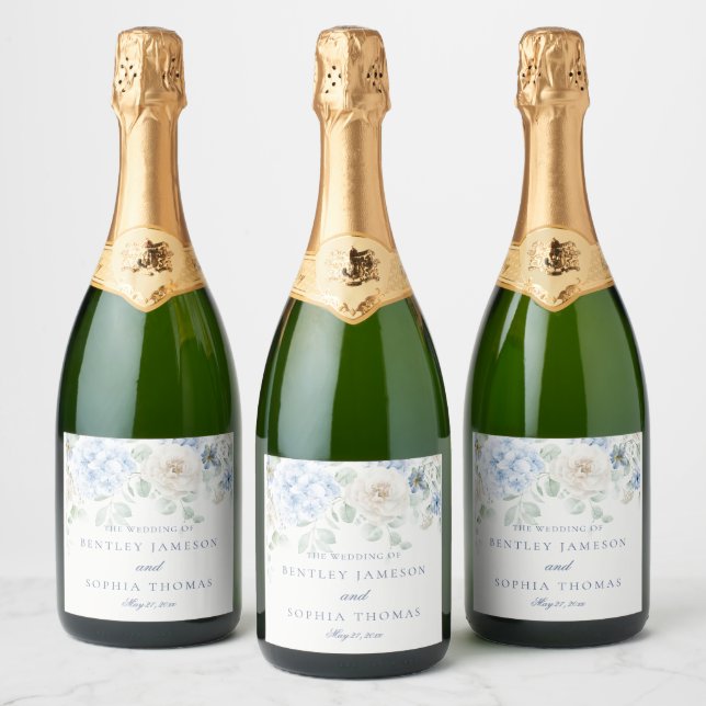 Something Blue Floral Hydrangeas Wedding Sparkling Wine Label (Bottles)