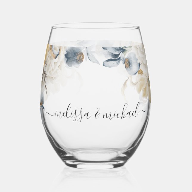 SOMETHING BLUE Floral Wedding Thank you Stemless Wine Glass (Left)